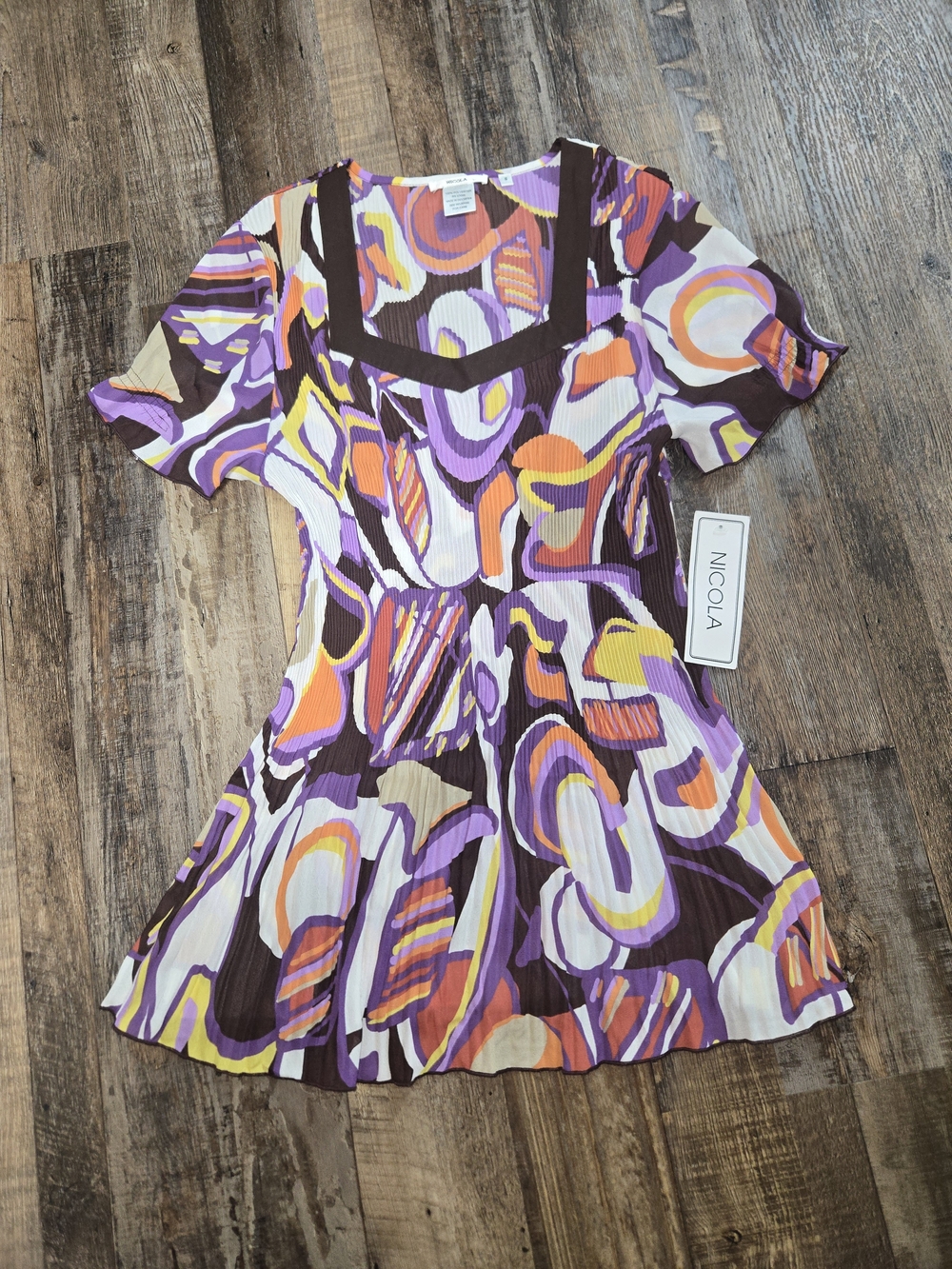 NICOLA Purple Orange Yellow Abstract Square-Neck Short Sleeve Blouse
